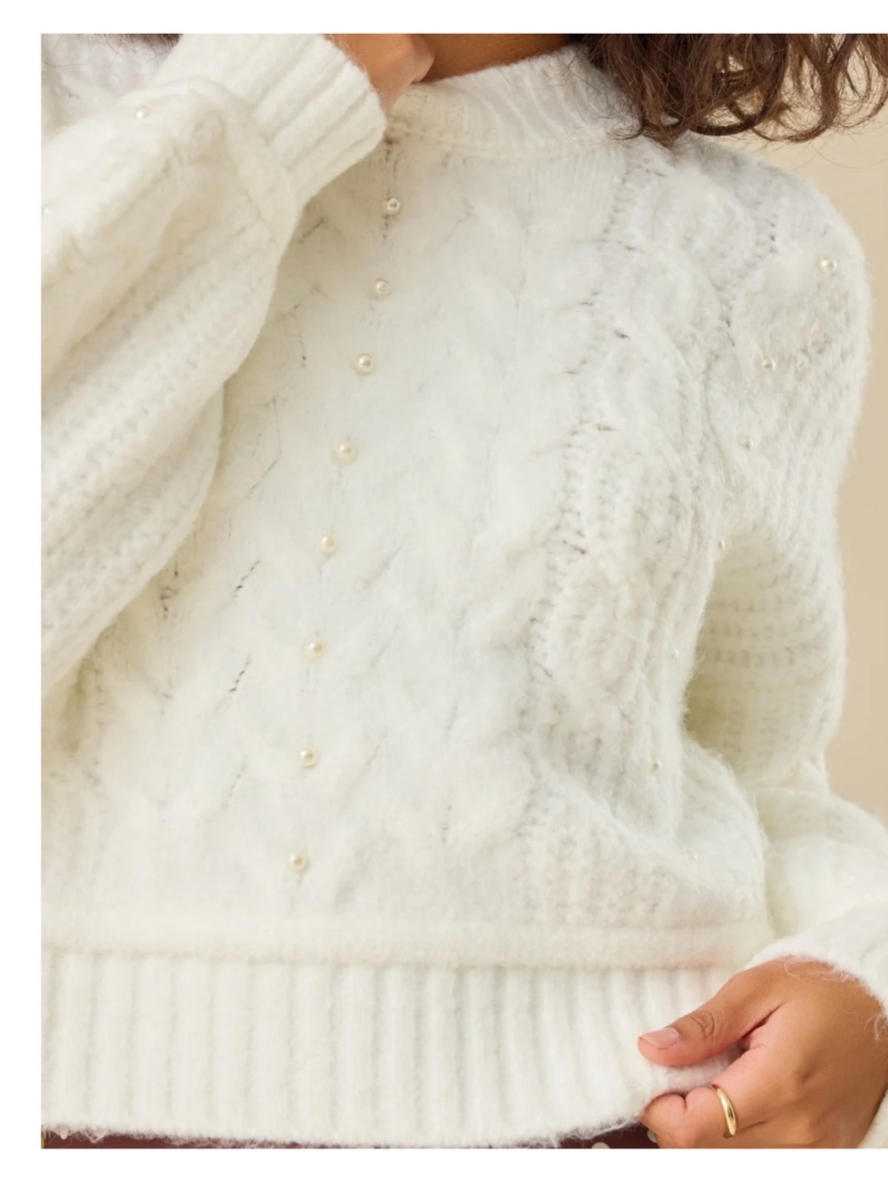 Altar'd State Cream Cable-Knit Pearl-Embellished Crew Sweater - Picture 4 of 8